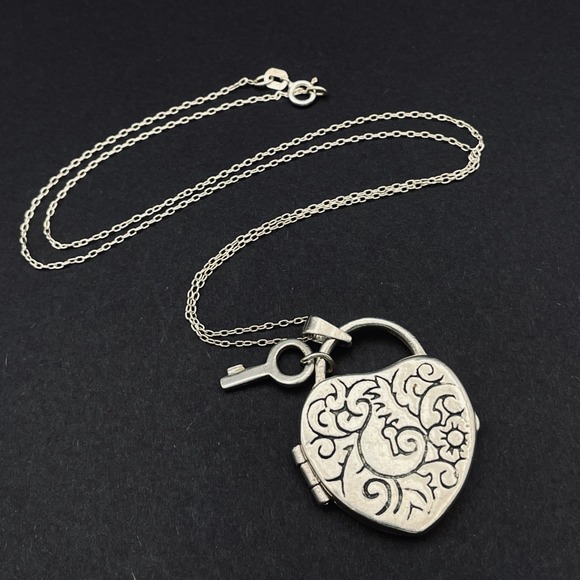 Large Sterling Silver Heart Locket with Key Charm Necklace Engraved Scrollwork - Picture 5 of 9